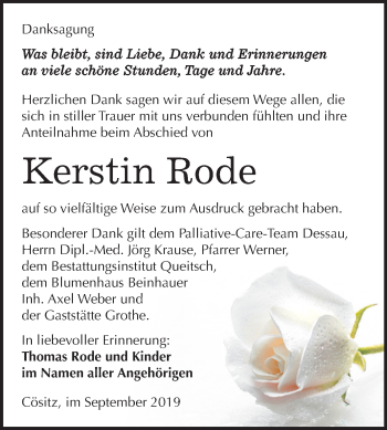 Traueranzeige von Kerstin Rode von Super Sonntag Köthen