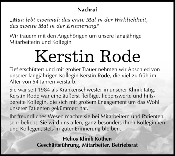 Traueranzeige von Kerstin Rode von Mitteldeutsche Zeitung Köthen