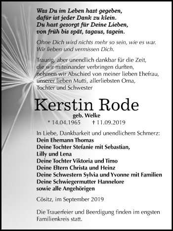 Traueranzeige von Kerstin Rode von Mitteldeutsche Zeitung Köthen