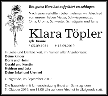 Traueranzeige von Klara Töpler von Mitteldeutsche Zeitung Mansfelder Land