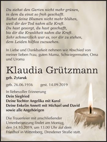 Traueranzeige von Klaudia Grützmann von Super Sonntag Wittenberg