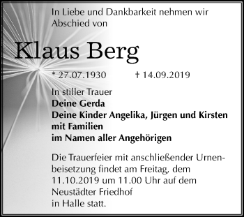 Traueranzeige von Klaus Berg von Mitteldeutsche Zeitung Halle/Saalkreis