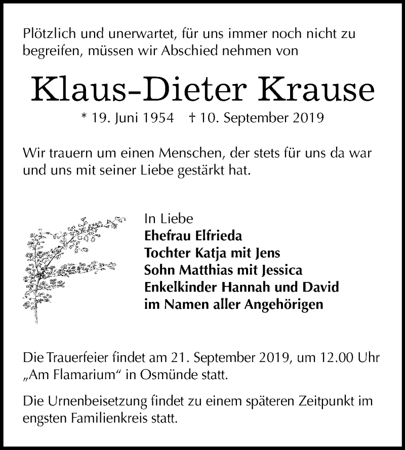  Traueranzeige für Klaus-Dieter Krause vom 14.09.2019 aus Mitteldeutsche Zeitung Halle/Saalkreis