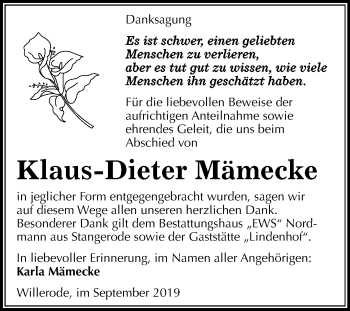 Traueranzeige von Klaus-Dieter Mämecke von Super Sonntag Mansfelder Land