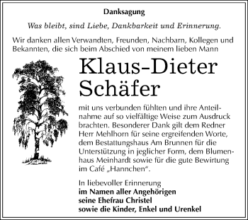 Traueranzeige von Klaus-Dieter Schäfer von Mitteldeutsche Zeitung Mansfelder Land