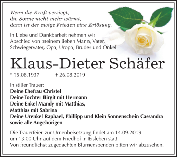 Traueranzeige von Klaus-Dieter Schäfer von Wochenspiegel Mansfelder Land