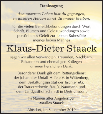 Traueranzeige von Klaus-Dieter Staack von Mitteldeutsche Zeitung Wittenberg