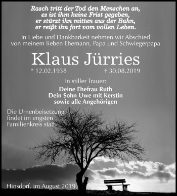 Traueranzeige von Klaus Jürries von Mitteldeutsche Zeitung Köthen