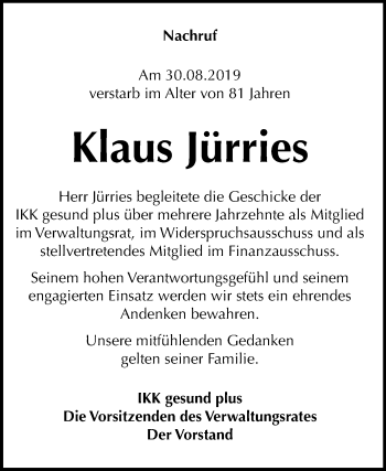 Traueranzeige von Klaus Jürries von Mitteldeutsche Zeitung Bitterfeld