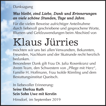 Traueranzeige von Klaus Jürries von Mitteldeutsche Zeitung Köthen