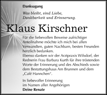 Traueranzeige von Klaus Kirschner von Mitteldeutsche Zeitung Mansfelder Land