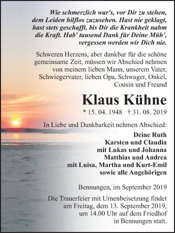 Traueranzeige von Klaus Kühne von Mitteldeutsche Zeitung Sangerhausen