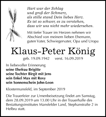 Traueranzeige von Klaus-Peter König von Wochenspiegel Mansfelder Land
