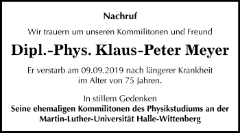 Traueranzeige von Klaus-Peter Meyer von Mitteldeutsche Zeitung Halle/Saalkreis