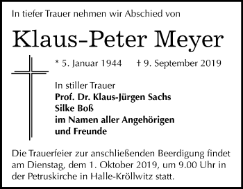 Traueranzeige von Klaus-Peter Meyer von Mitteldeutsche Zeitung Halle/Saalkreis