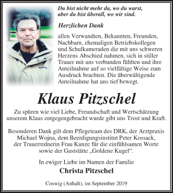 Traueranzeige von Klaus Pitzschel von Super Sonntag Wittenberg