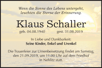 Traueranzeige von Klaus Schaller von Mitteldeutsche Zeitung Halle/Saalkreis