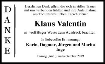Traueranzeige von Klaus Valentin von Mitteldeutsche Zeitung Wittenberg