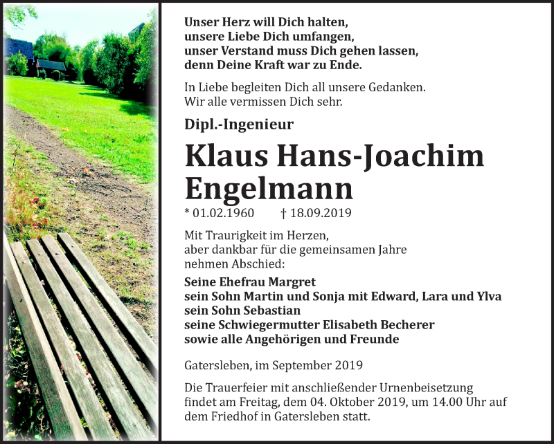  Traueranzeige für Klaus Hans-Joachim Engelmann vom 28.09.2019 aus Mitteldeutsche Zeitung Aschersleben
