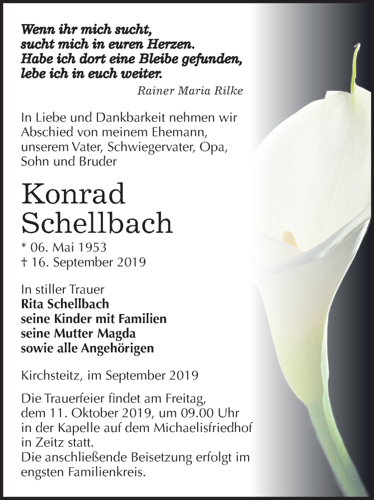  Traueranzeige für Konrad Schellbach vom 21.09.2019 aus Super Sonntag Zeitz