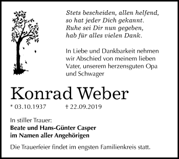 Traueranzeige von Konrad Weber von Mitteldeutsche Zeitung Dessau-Roßlau