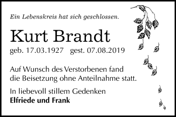 Traueranzeige von Kurt Brandt von Mitteldeutsche Zeitung Wittenberg