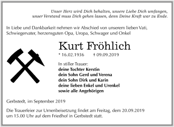 Traueranzeige von Kurt Fröhlich von Mitteldeutsche Zeitung Mansfelder Land