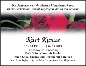 Traueranzeige von Kurt Kunze von Wochenspiegel Bitterfeld