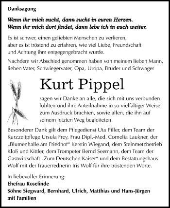 Traueranzeige von Kurt Pippel von Wochenspiegel Weißenfels