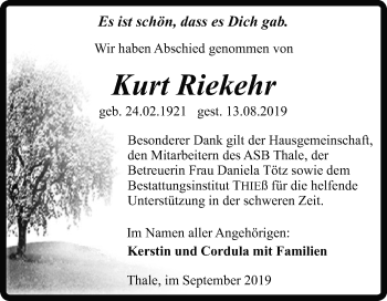 Traueranzeige von Kurt Riekehr von Mitteldeutsche Zeitung Quedlinburg
