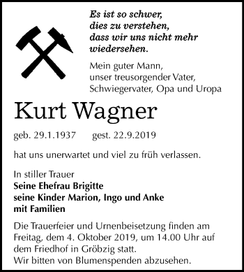 Traueranzeige von Kurt Wagner von Super Sonntag Köthen