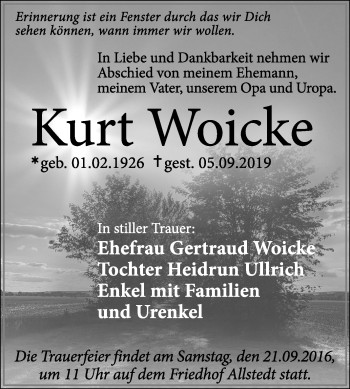 Traueranzeige von Kurt Woicke von Wochenspiegel Sangerhausen
