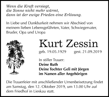 Traueranzeige von Kurt Zessin von Mitteldeutsche Zeitung Halle/Saalkreis