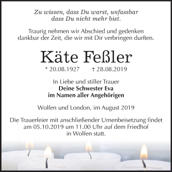 Traueranzeige von Käte Feßler von Mitteldeutsche Zeitung Bitterfeld