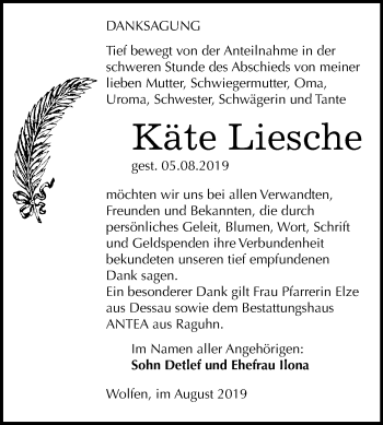 Traueranzeige von Käte Liesche von Wochenspiegel Bitterfeld