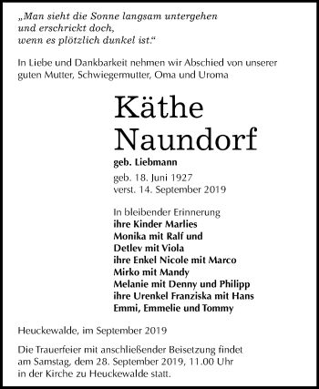 Traueranzeige von Käthe Naundorf von Super Sonntag Zeitz