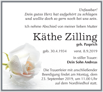 Traueranzeige von Käthe Zilling von Mitteldeutsche Zeitung Halle/Saalkreis