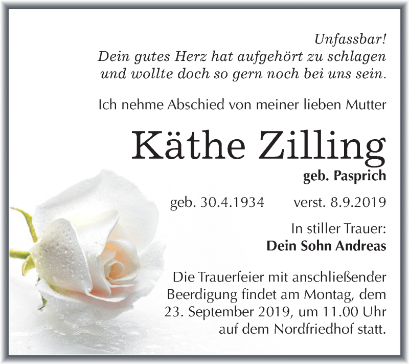  Traueranzeige für Käthe Zilling vom 14.09.2019 aus Mitteldeutsche Zeitung Halle/Saalkreis