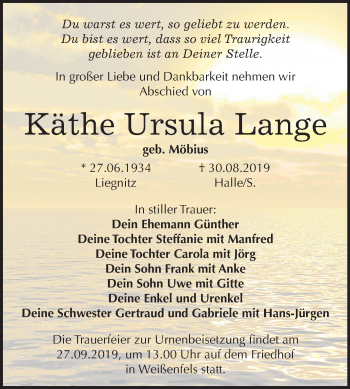 Traueranzeige von Käthe Ursula Lange von Mitteldeutsche Zeitung Weißenfels