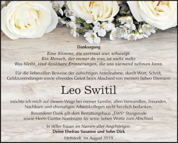 Traueranzeige von Leo Switil von Mitteldeutsche Zeitung Mansfelder Land