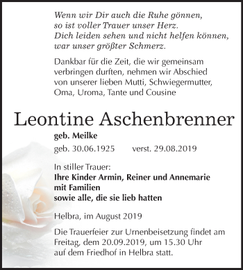 Traueranzeige von Leontine Aschenbrenner von Wochenspiegel Mansfelder Land