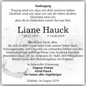 Traueranzeige von Liane Hauck von Mitteldeutsche Zeitung Mansfelder Land