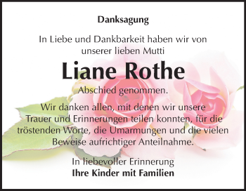 Traueranzeige von Liane Rothe von Wochenspiegel Weißenfels