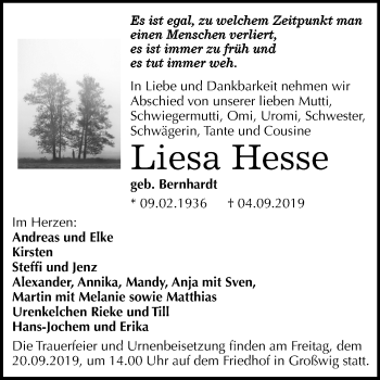 Traueranzeige von Liesa Hesse von Mitteldeutsche Zeitung Wittenberg
