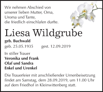 Traueranzeige von Liesa Wildgrube von Mitteldeutsche Zeitung Wittenberg