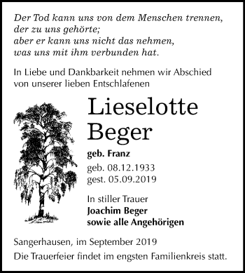 Traueranzeige von Lieselotte Beger von Super Sonntag Sangerhausen
