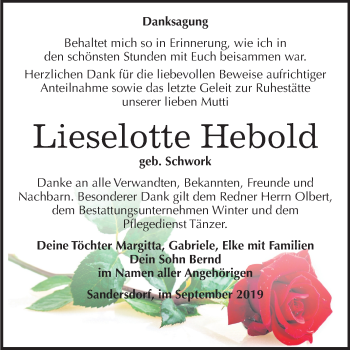 Traueranzeige von Lieselotte Hebold von Wochenspiegel Bitterfeld