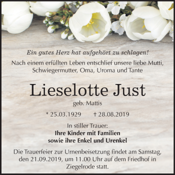 Traueranzeige von Lieselotte Just von Mitteldeutsche Zeitung Mansfelder Land