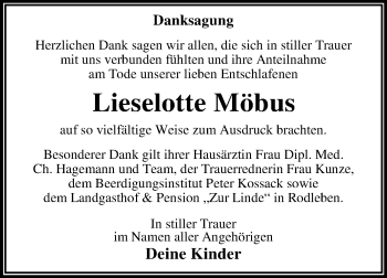 Traueranzeige von Lieselotte Möbus von Super Sonntag Dessau-Roßlau