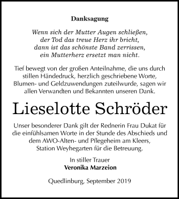 Traueranzeige von Lieselotte Schröder von Super Sonntag Quedlinburg